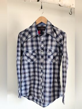 NWTRock & Roll Cowboy Blue Plaid Pearl Snap Western Button Down Shirt Small Mens